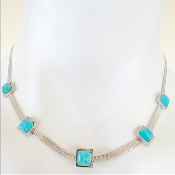 SILVER Plated turquoise Herringbone necklace Snake Womens Jewelry Fishbone - Picture 5 of 10